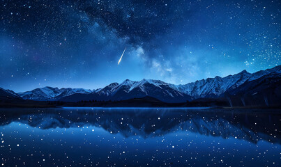 Fototapeta premium Snow-capped mountains and lakes under the Milky Way stars