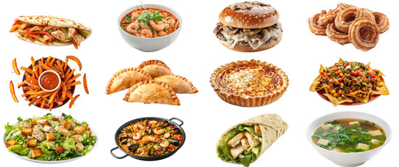 Collection of lifelike drawings of world meals.Popular foods arond the world