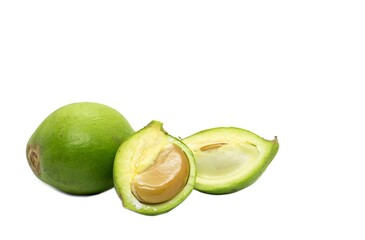 Closeup of Mahua Fruit or Madhuca Longifolia Fruit Isolated on White Background with Copy Space, Also Known as Kochra, Butter Tree Fruit or Mahwa