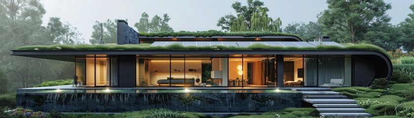 Fototapeta premium Eco-friendly residence with solar energy and a green roof, showcasing the harmony between nature and cutting-edge technology.