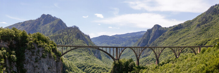 Aerial view on Djurdjevica arch bridge over the Tara River in northern Montenegro,