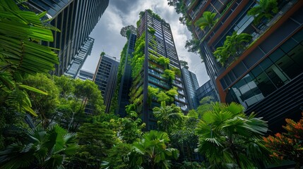 Obraz premium Urban jungle, dense foliage intertwined with modern buildings, creating a unique blend of nature and urban living