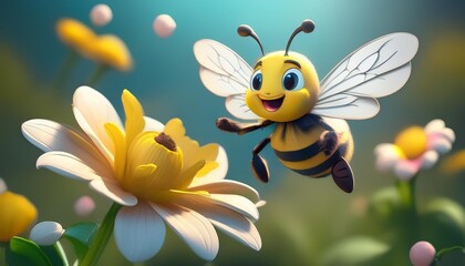 Una alegre y sonriente abeja hecha de plastilina volando sobre una flor. Tema infantil