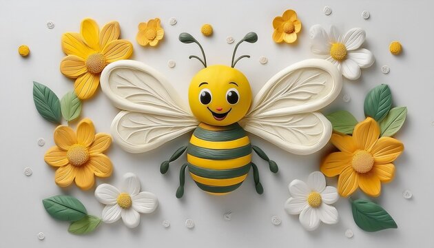 Una alegre y sonriente abeja hecha de plastilina volando sobre una flor. Tema infantil