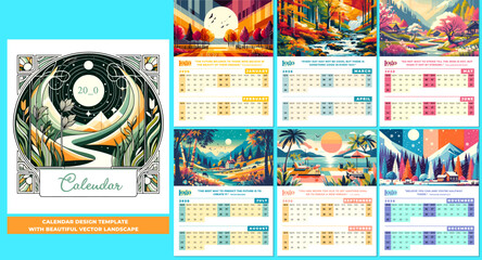 Calendar template featuring stunning Editable vector landscapes that beautifully capture the essence of each season. 