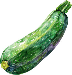 A single, fresh green zucchini with a watercolor effect.