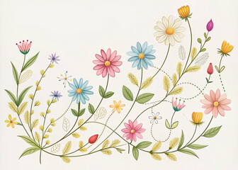 Delicate hand-drawn wildflowers bloom along a winding line, combining simplicity and elegance in a whimsical illustration perfect for spring-inspired designs and nature-themed projects.