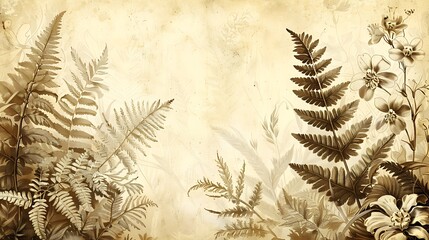 Naklejka premium A beautifully detailed vintage wallpaper featuring botanical prints of orchids and ferns. The sepia-toned illustrations are intricate and set against a subtly aged background for a timeless look.