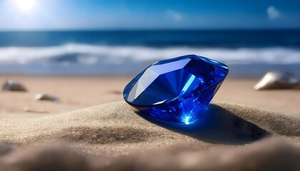 eep blue sapphire gemstone buried in sandy beach, sparkling gemstone in natural surroundings for luxury jewelry design, ocean inspired gem with rich blue hues