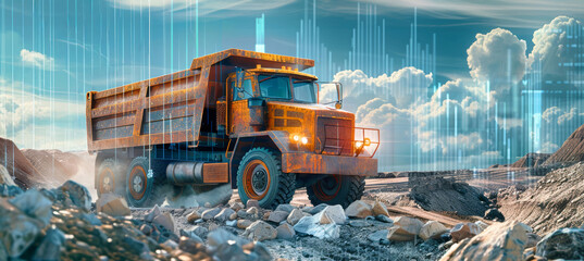 A yellow dump truck drives through a rocky, dusty terrain with a futuristic data visualization overlay in the background