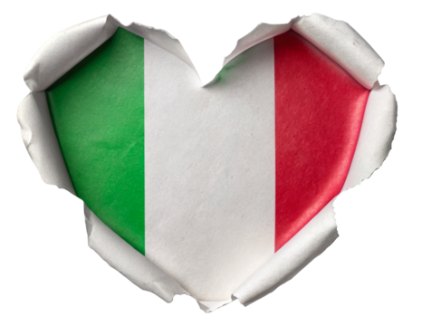 Italian flag in heart shape torn from paper isolated on transparent background
