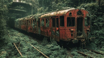 Fototapeta premium A train is covered in vines and leaves