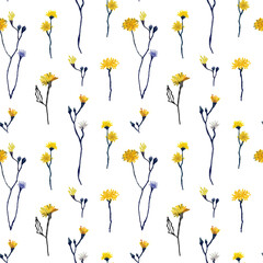 Seamless floral pattern, field yellow drawn flowers on a texture background.