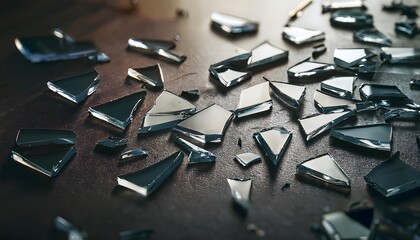 shattered glass fragments scattered on the floor, perfect for dramatic and impactful designs, symbolizing fragility, destruction, and brokenness