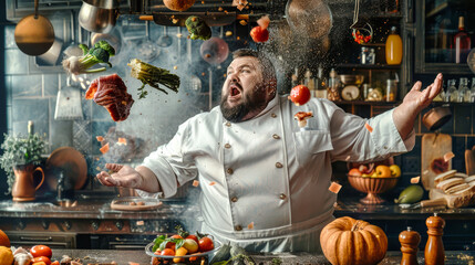 A jovial chef exuberantly throws vegetables and meat into the air, filling the kitchen space with vibrant energy and lively expressions, capturing a moment of culinary excitement