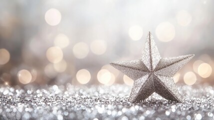 Glittering star light on an abstract blur white and silver background, ideal for showcasing Christmas and New Year season products.