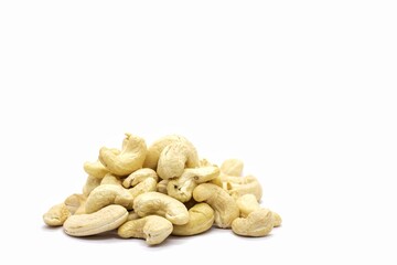 Cashew Nut Heap Isolated on White Background with Copy Space, Healthy Eating Dry Fruit