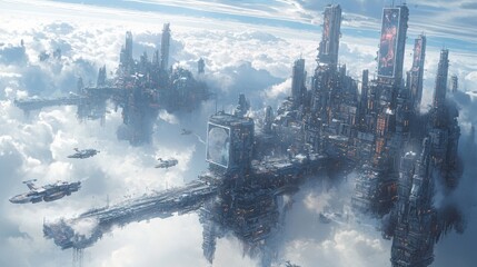 A sprawling futuristic city floats among the clouds, showcasing advanced architecture and hovering spacecraft.