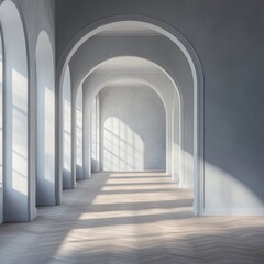 Obraz premium A long, narrow hallway with a lot of windows. The sunlight is shining through the windows, creating a warm and inviting atmosphere. The walls are painted in a light color, giving the space a clean