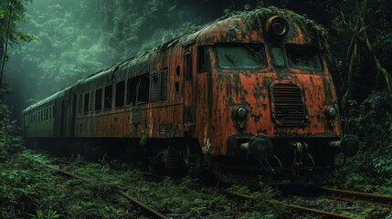 Fototapeta premium A train is covered in vines and leaves