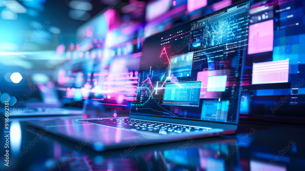  a computer screen is lit up with a lot of different icons and graphics. concept of technology and in