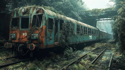Fototapeta premium A train is covered in vines and leaves, and is sitting on a train track