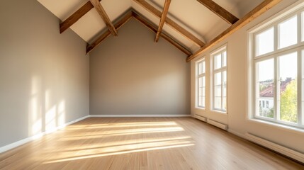 A large, empty room with a lot of natural light. The room is very clean and has a lot of space
