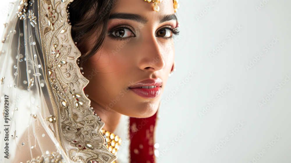 Wall mural Indian bride in half ghoonghat with silver sequins