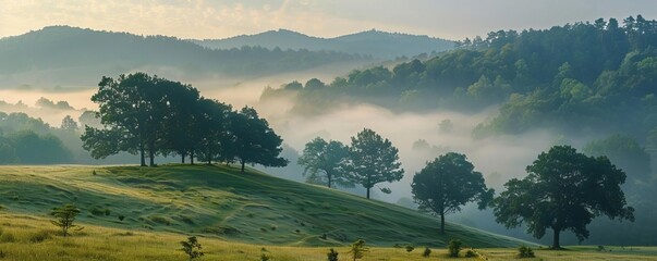 Misty morning hills covered with trees, tranquil and serene
