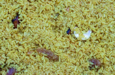 Top View of Bengali Sweet Pulao or Sweet Pilaf Heap in Horizontal Orientation, Also Known as Veg Pulao or Polao