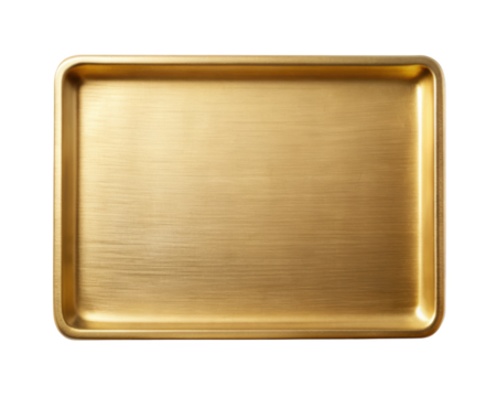 Golden rectangular tray featuring a brushed finish. Perfect for serving, luxury dining settings, or as a sophisticated decorative piece in home decor. Isolated on transparent background, png.