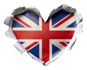 United Kingdom flag in heart shape torn from paper isolated on transparent background