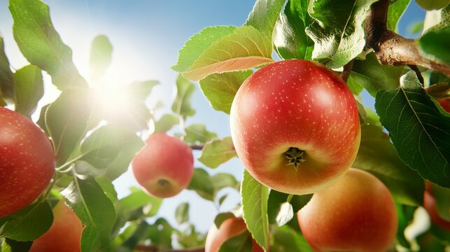 Sun-Kissed Apples, Ripe red apples hanging from tree with bright sunlight, Orchard freshness.