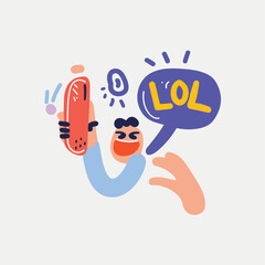 Cartoon of a person laughing with "LOL" text bubble and holding a red phone.
