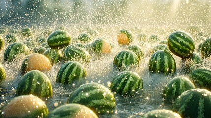 Bright and vivid scene of watermelons exploding with water spray, showcasing a surreal and dynamic dispersion of liquid against a clean background. The photorealistic depiction emphasizes the vibrant 