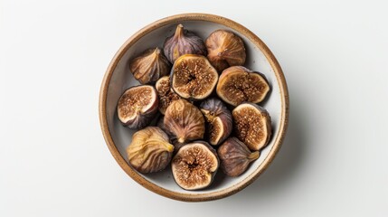 Bowl with sweet dried figs on white background