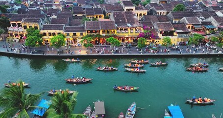 Hoi An ancient town by Thu Bon River in Vietnam. UNESCO world heritage, at Quang Nam province. Vietnam. Hoi An is one of the most popular destinations in Vietnam