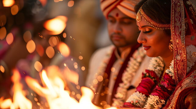 Indian wedding couple during the phera ceremony, walking around the hawan