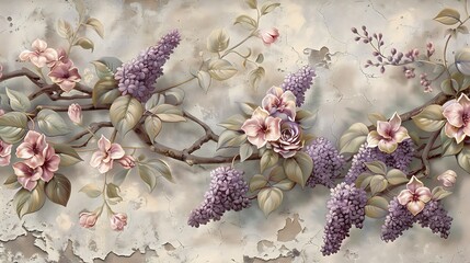 A beautifully ornate vintage wallpaper featuring lilacs and lavender intertwined with ivy. The flowers are illustrated in muted colors with detailed patterns and a weathered background for an elegant,