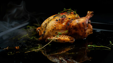 Close-up of baked juicy chicken with herbs on a dark background. Food concept.