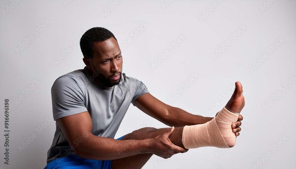 Wall mural Man with ankle sprain elastic bandage for ankle injury and feeling pain