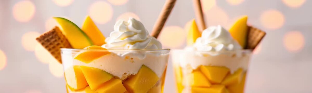 Two refreshing mango parfaits topped with whipped cream, fresh mango slices, and wafer sticks are presented against a soft warm bokeh background
