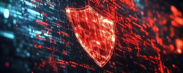 Fragmented shield icon overlaid with red code, cyber attacks, compromised digital protection