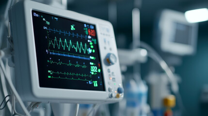 Digital medical monitor displaying patient vital signs in a hospital setting, illustrating healthcare technology and patient care.