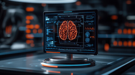 Futuristic display showcasing a digital brain scan, highlighting advanced technology and neuroscience concepts.