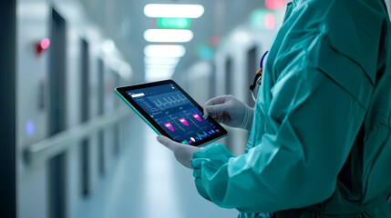 Healthcare professional using a digital tablet in a modern hospital hallway for patient monitoring and data analysis.