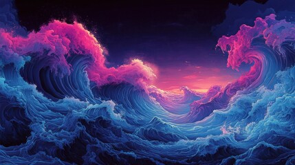 Fototapeta premium Dream-like ocean waves illustrated in a psychedelic style, featuring dark blue and pink shades, with distorted figures and vibrant trillwave elements