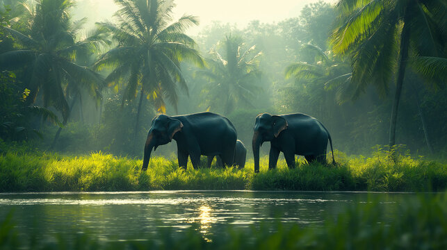Elephants are grazing in a lush green forest with a quiet water source in front. The atmosphere is peaceful, with sunlight streaming through the trees. The atmosphere is peaceful.