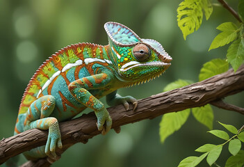 Obraz premium A chameleon showcases its incredible camouflage and Green chameleon on a branch