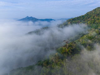 Aerial scenery of a sea of clouds over the mountains in Yala Province, Thailand